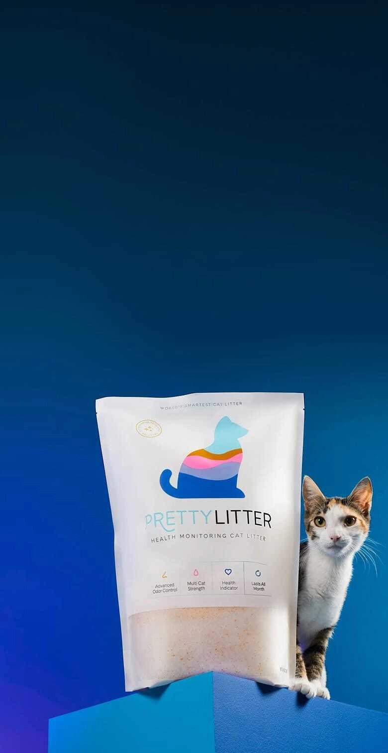 PrettyLitter bag next to a litter box